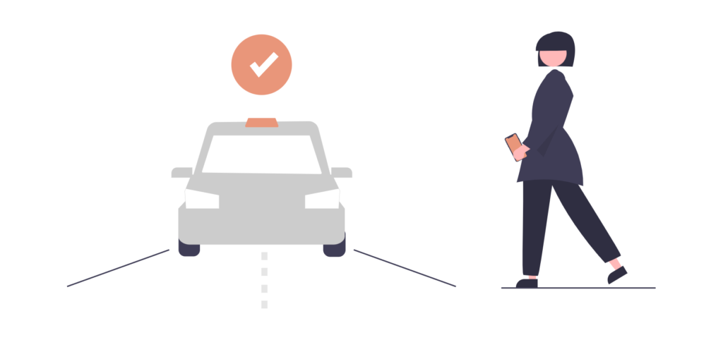 Illustration of a person booking a ride online — stylised graphic with a smartphone, location pins, and a car representing DIASTOUR’s transfer service