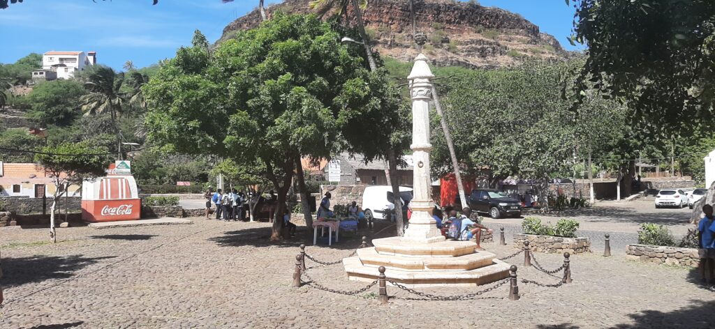 Stone pelourinho monument in Cidade Velha’s main square, Cape Verde — historic UNESCO site visited on the Cidade Velha & Plateau Heritage Tour