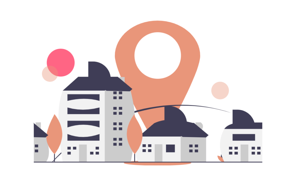 A colorful illustration showing a row of buildings, including multi-story apartment buildings and smaller houses. A large map pin icon in the background highlights the location.