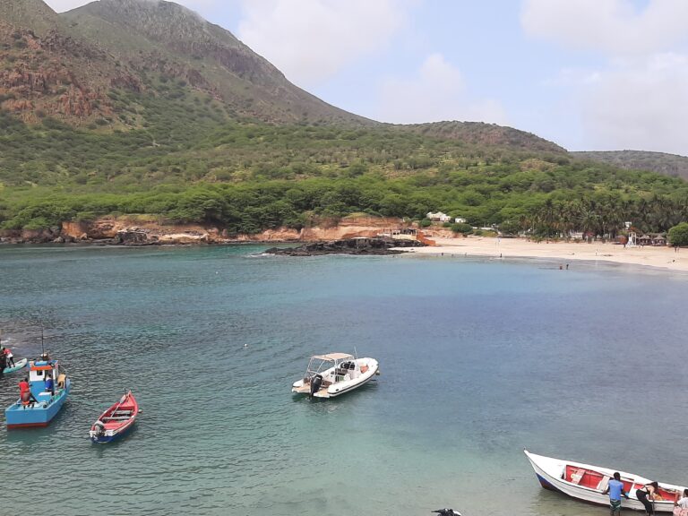Tarrafal Beach Cape Verde with golden sand, calm ocean and unspoiled nature for relaxing and swimming